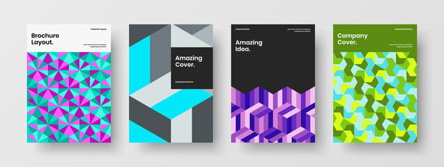 Fototapeta premium Trendy booklet A4 design vector illustration set. Vivid geometric tiles company cover concept composition.