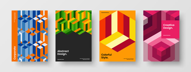 Unique geometric pattern pamphlet layout composition. Simple brochure design vector template bundle.