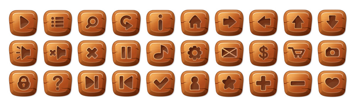 Set of square wooden buttons in cartoon style. an asset for a GUI in a mobile app or casual video game.