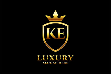 initial KE elegant luxury monogram logo or badge template with scrolls and royal crown - perfect for luxurious branding projects