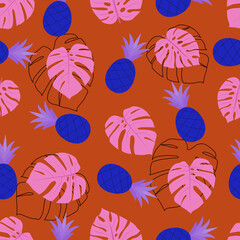 Fototapeta na wymiar Monstera leaves and pineapples seamless pattern. Flat vector illustration, tropical summer pattern.