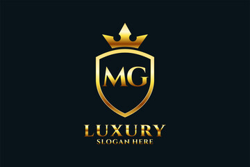 initial MG elegant luxury monogram logo or badge template with scrolls and royal crown - perfect for luxurious branding projects - obrazy, fototapety, plakaty