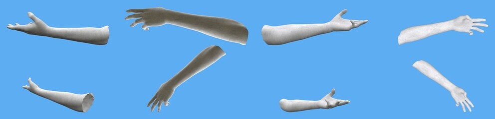 Set of white concrete statue hand detailed renders isolated on blue, lights and shadows distribution example for artists or painters - 3d illustration of objects