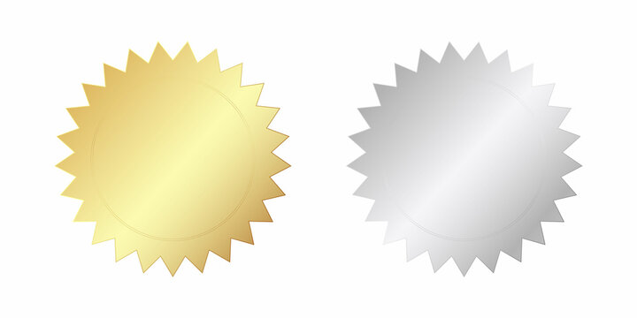 A set of gold and silver badges in the form of multi-pointed stars with a circle in the center. Vector illustration.