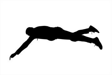 A man in a tracksuit and sneakers on his feet in a supine position. The guy of a large physique lies with his stomach down. The rescuer tries to reach out. Black male silhouette isolated on white