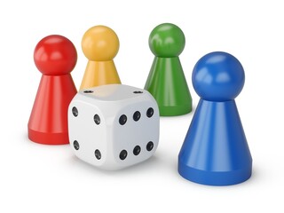 3D Rendering Game figures and one dice isolated on white background