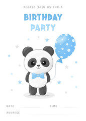 Birthday party invitation template with gap for filling, cute little panda boy, blue balloon and bow tie. Vector illustration	