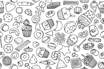 Cookies and sweet bites set or seamless pattern. Sketch line art vector illustration