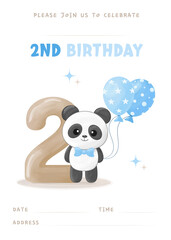 Birthday party invitation template with gap for filling, cute little panda boy, number two, blue balloon and bow tie. Vector illustration	