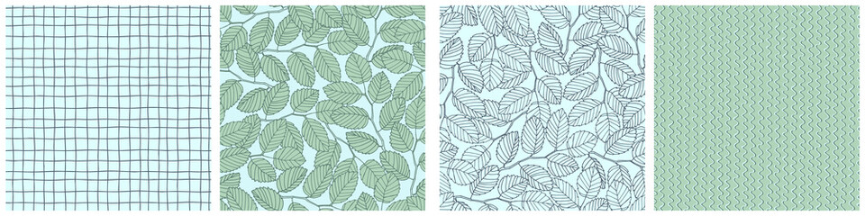 Fototapeta na wymiar Seamless patterns set with elm tree branches and leaves on light background for surface design, wallpaper, fabrics, home decor. Monochrome pastel realistic line art