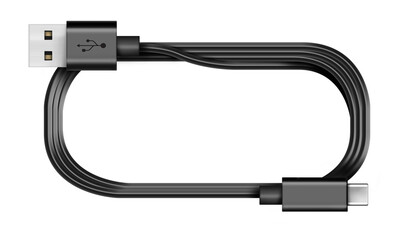 Black USB cable type C plug universal computer and phone connection on a white background. isolated usb cord. Charger usb cable perspective. 3D render.