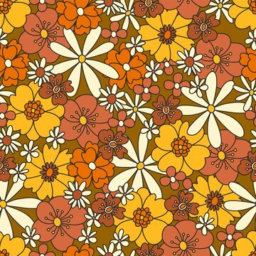 Vector seamless vintage pattern with abstract flowers. 70s style retro hand drawn background