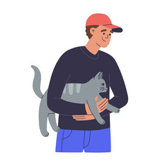 Young man holding a cute cat. Owner with beloved pet animal. Hand drawn color vector illustration isolated on white background. Modern flat cartoon style.