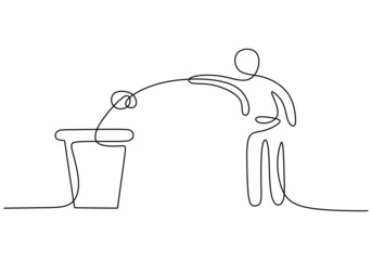 One continuous single line of man throw rubbish in trash can isolated on white background.