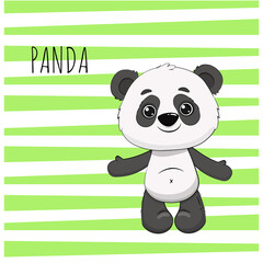 cute cartoon panda on green striped background