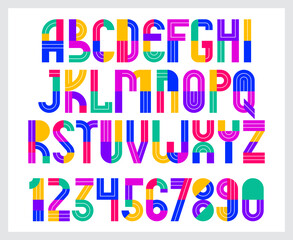 Children colorful geometric font vector alphabet, kid play game typeset, original letters can be used for logo creation, uppercase and numbers.