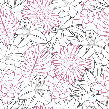 Outline floral seamless pattern. Line art fabric print template. Simple vector hand drawn flower set. Sunflower, monstera leaf, lily, lotus petals. Abstract doodle design.