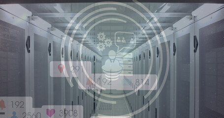 Image of social media icons and numbers over computer servers