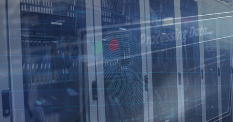 Image of biometric fingerprint and data processing over computer servers