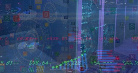 Image of financial data processing and statistics over computer servers