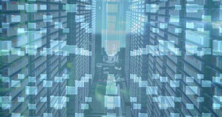 Image of data processing and online security padlock with circuit board over computer servers