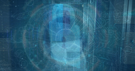 Image of globe, online security padlock and data processing over computer servers