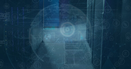 Obraz premium Image of globe, online security padlock and data processing over computer servers