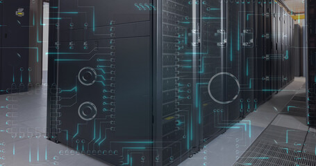 Image of circuit board and data processing over computer servers