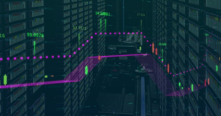 Image of world map, statistics and data processing and computer servers