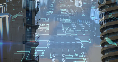 Image of data processing on computer circuit board over modern office buildings