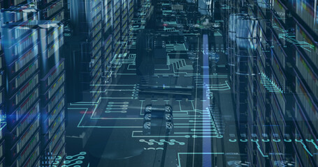 Image of data processing on circuit board over computer servers
