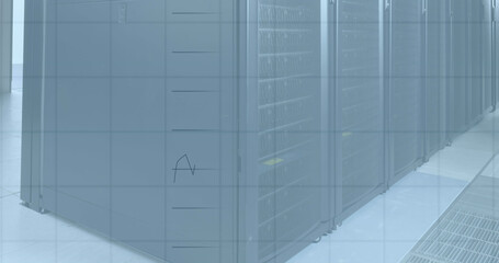 Image of statistics and data processing over room with computer servers