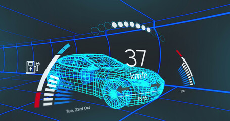 Image of speedometer, gps and charge status data on vehicle interface, over 3d car model