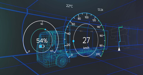 Image of speedometer, gps and charge status data on vehicle interface, over 3d truck model