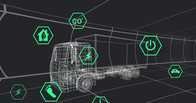 Image of icons processing status data over 3d truck model moving on black background