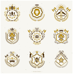 Set of vector vintage emblems created with decorative elements like crowns, stars, bird wings, armory and animals.  Collection of heraldic coat of arms.
