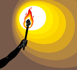 Torch in a hand raised up illuminates the dark vector illustration, Prometheus, flames of fire, bring the light to the dark, conceptual allegory art.