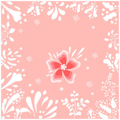 Vector card template with white floral elements on pastel red background. Hand-drawn branches and twigs.