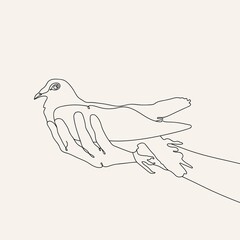 Peace Dove in hand, Continuous one Line drawing.
Bird symbol of Peace and freedom in simple linear style. Pigeon icon. Doodle vector illustration.