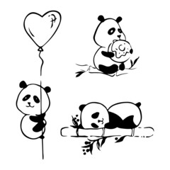 Cute little Panda Bear in different poses on white background. Funny Panda animal logo concept icons. Black and white. Vector illustration.