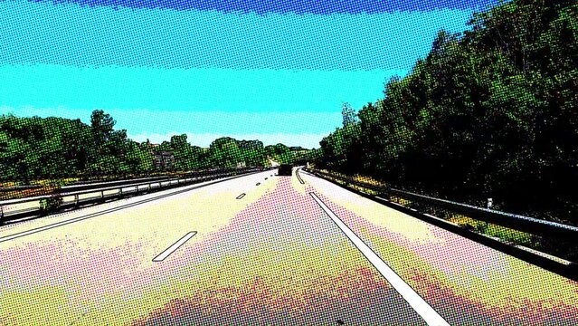Hyperlapse de virages sur un autoroute avec 2 pistes en style de dessin animé
