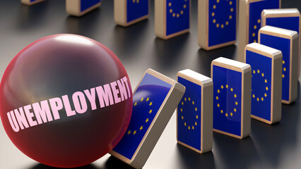 EU Europe and unemployment, causing a national problem and a falling economy. Unemployment as a driving force in the possible decline of EU Europe.,3d illustration