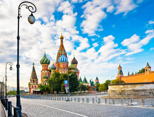 Fototapeta premium The Cathedral of Vasily the Blessed (Saint Basil's Cathedral) on Red square in summer morning. Moscow. Russia