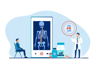 Vector of a doctor giving an online consultation to a man with back pain and scoliosis - obrazy, fototapety, plakaty