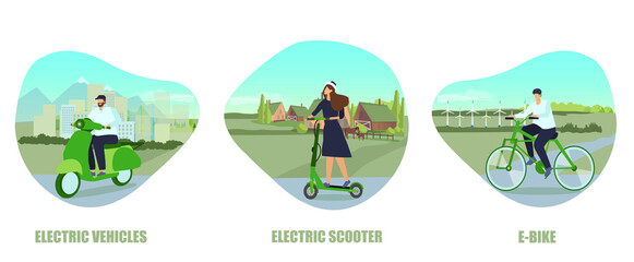 Vector of people riding modern eco city friendly electric motorcycle, e-bike and scooter.