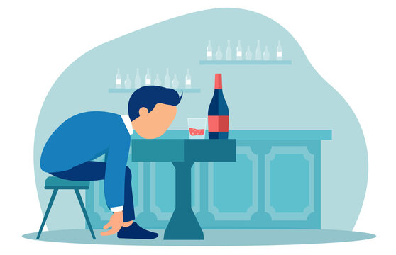 Vector of a drunk man sitting sleeping at the table with a bottle of wine inside the pub.