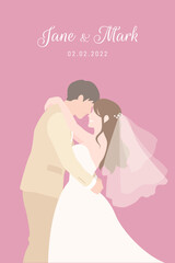 Bride in white dress happily hug holding the Groom in beige suit for their wedding ceremony invitation card flat vector couple characters on pink background.