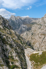 Fototapeta na wymiar hiking trail in nature with mountains and a cloudy blue sky in the background in Asturias, Spain.