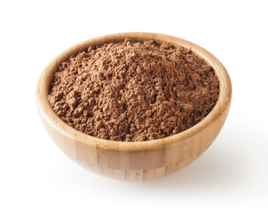 Cocoa powder in wooden bowl isolated on white background with clipping path