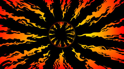 Tongues of fire directed to the center on a black background. Comic fantasy fire flame backgrounds. Design template page. Hand drawn vector art